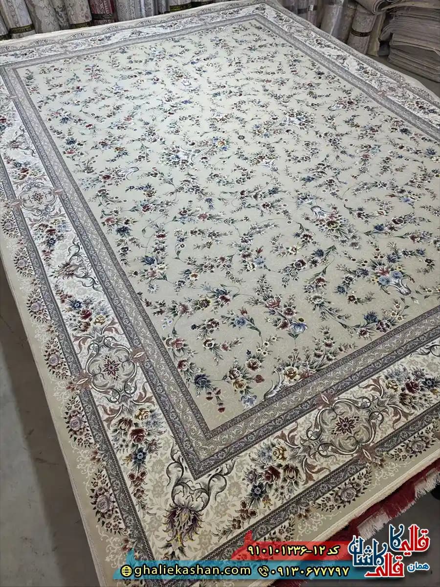 فرش ‌کلاسیک ‌1200 ‌شانه ‌طرح ‌افشان ‌ایلیا ‌رنگ ‌کرم ‌صدفی ‌کاشان