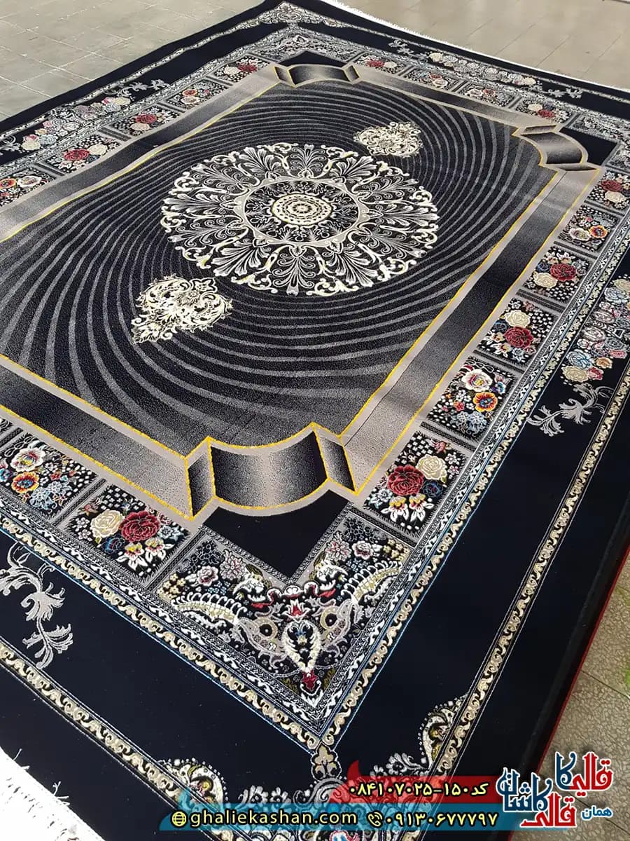 فرش 700 شانه طرح موج رنگ مشکی سرمه ای کاشان — تصویر ۳