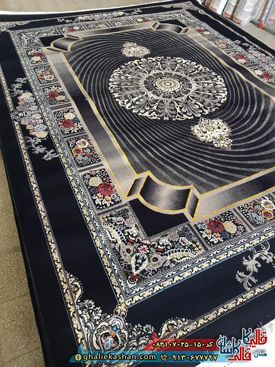فرش 700 شانه طرح موج رنگ مشکی سرمه ای کاشان — تصویر ۲