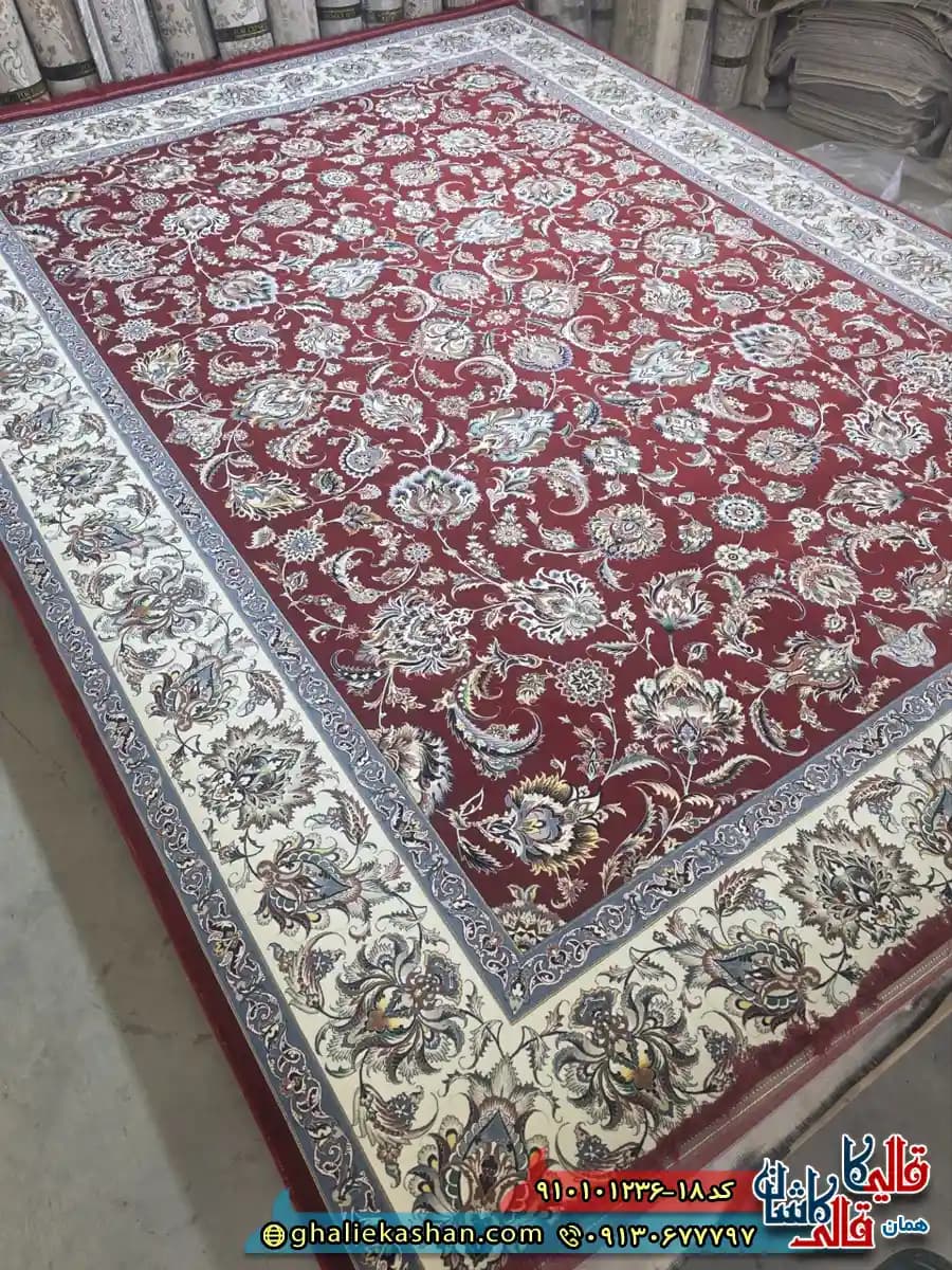 فرش کلاسیک 1200 شانه طرح افشان کیمیا رنگ قرمز لاکی کاشان