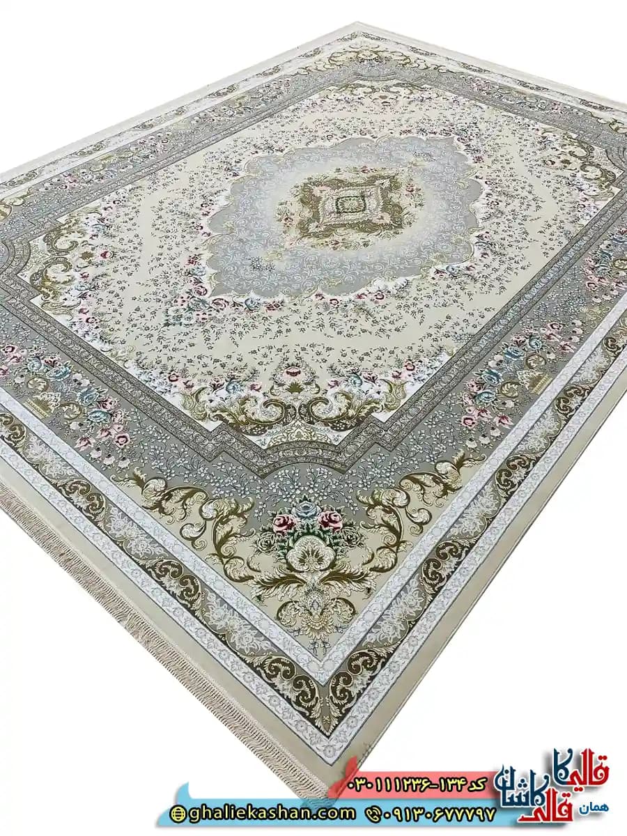 فرش 1200 شانه طرح مهتاب رنگ کرم صدفی گل برجسته کاشان — تصویر ۲