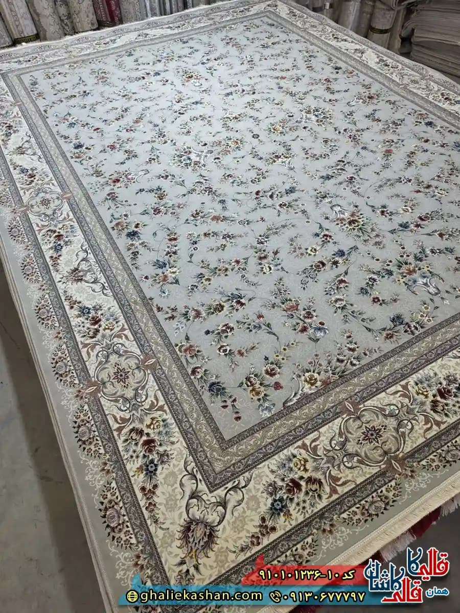 فرش کلاسیک 1200 شانه طرح افشان ایلیا رنگ طوسی فیلی کاشان — تصویر ۲