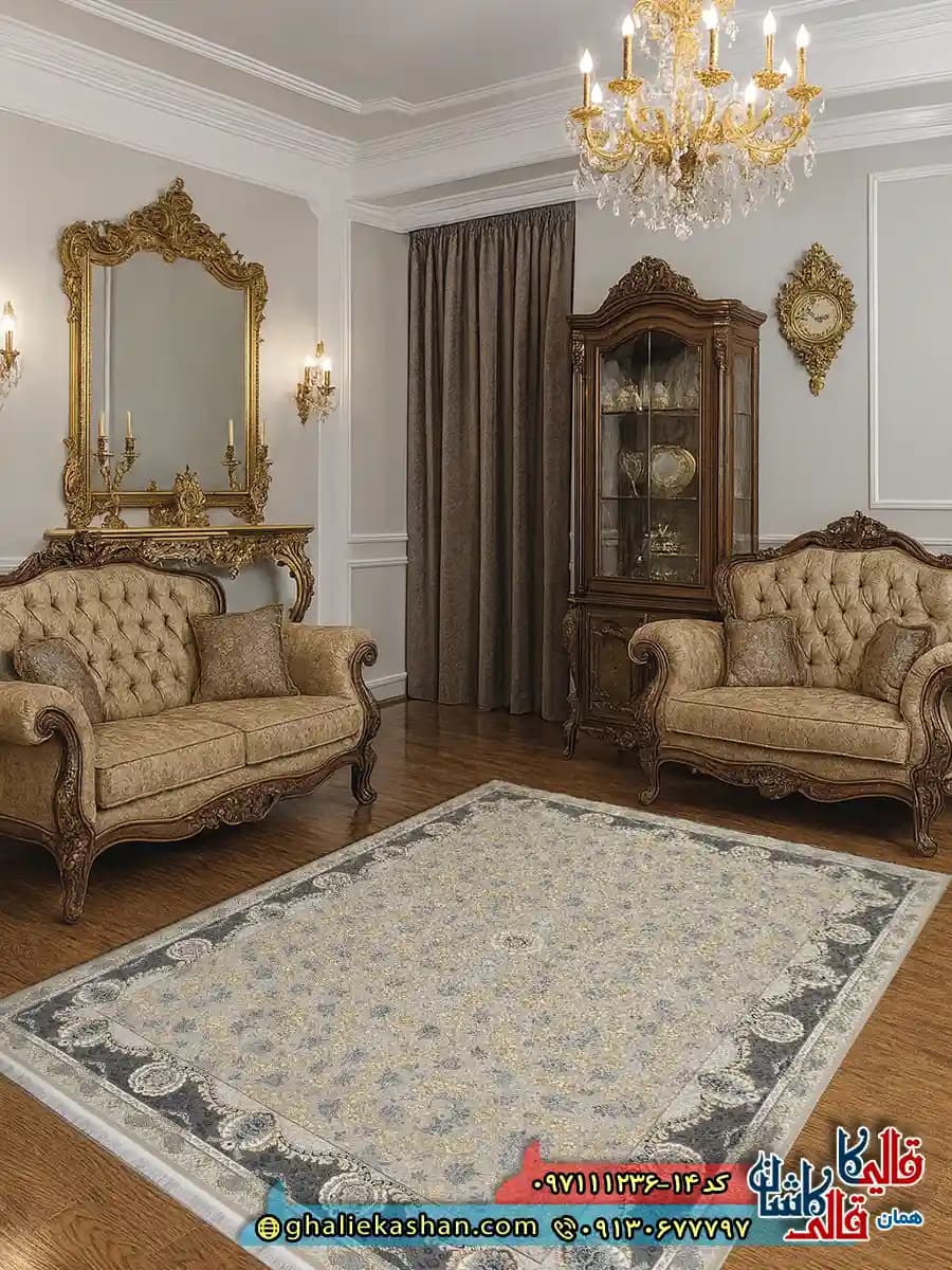 فرش طلاکوب 1200 شانه طرح افشان زمرد رنگ بژ گل برجسته کاشان
