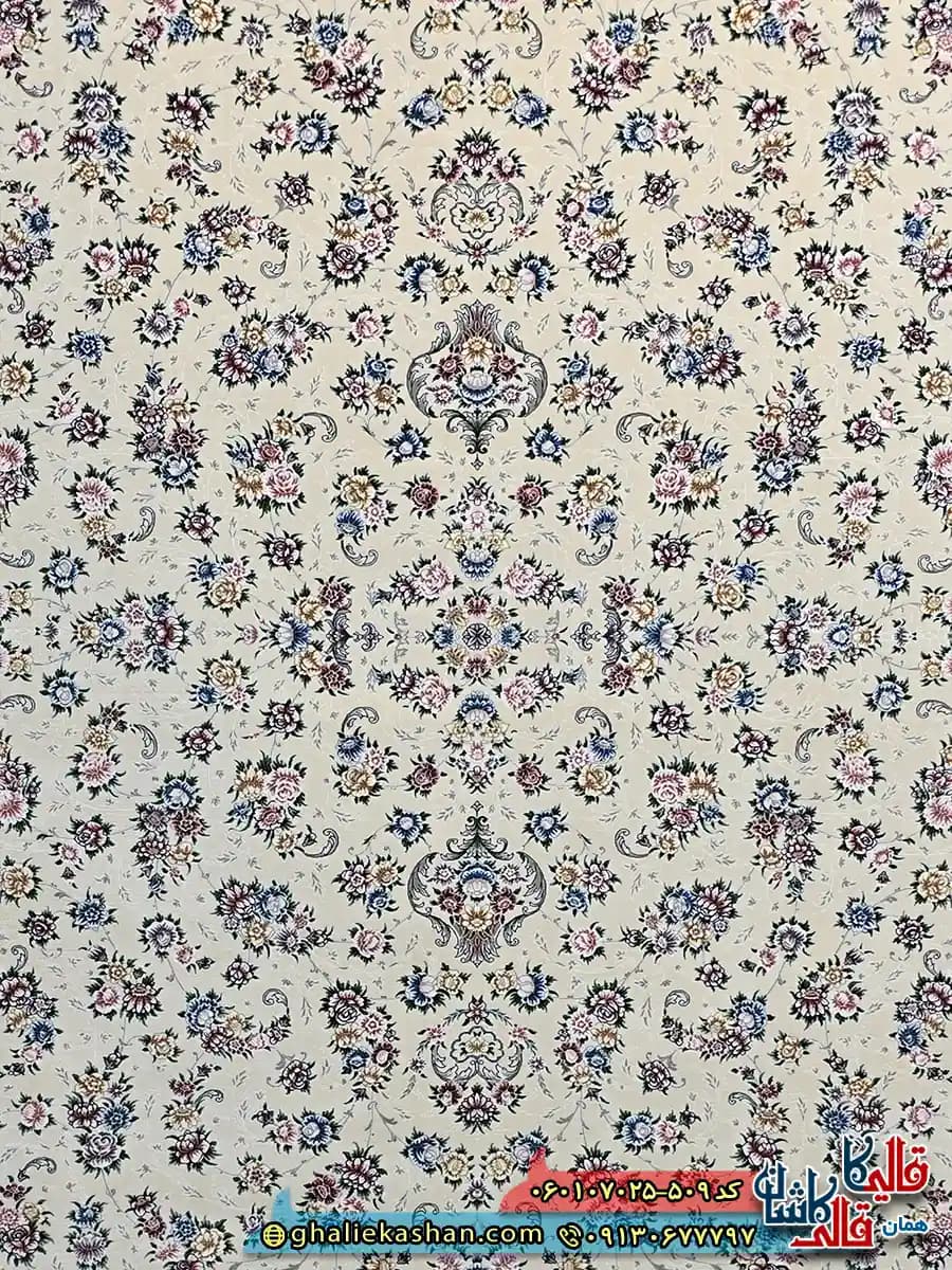 فرش کلاسیک 700 شانه طرح افشان سیمین رنگ کرم گلبهی کاشان — تصویر ۴