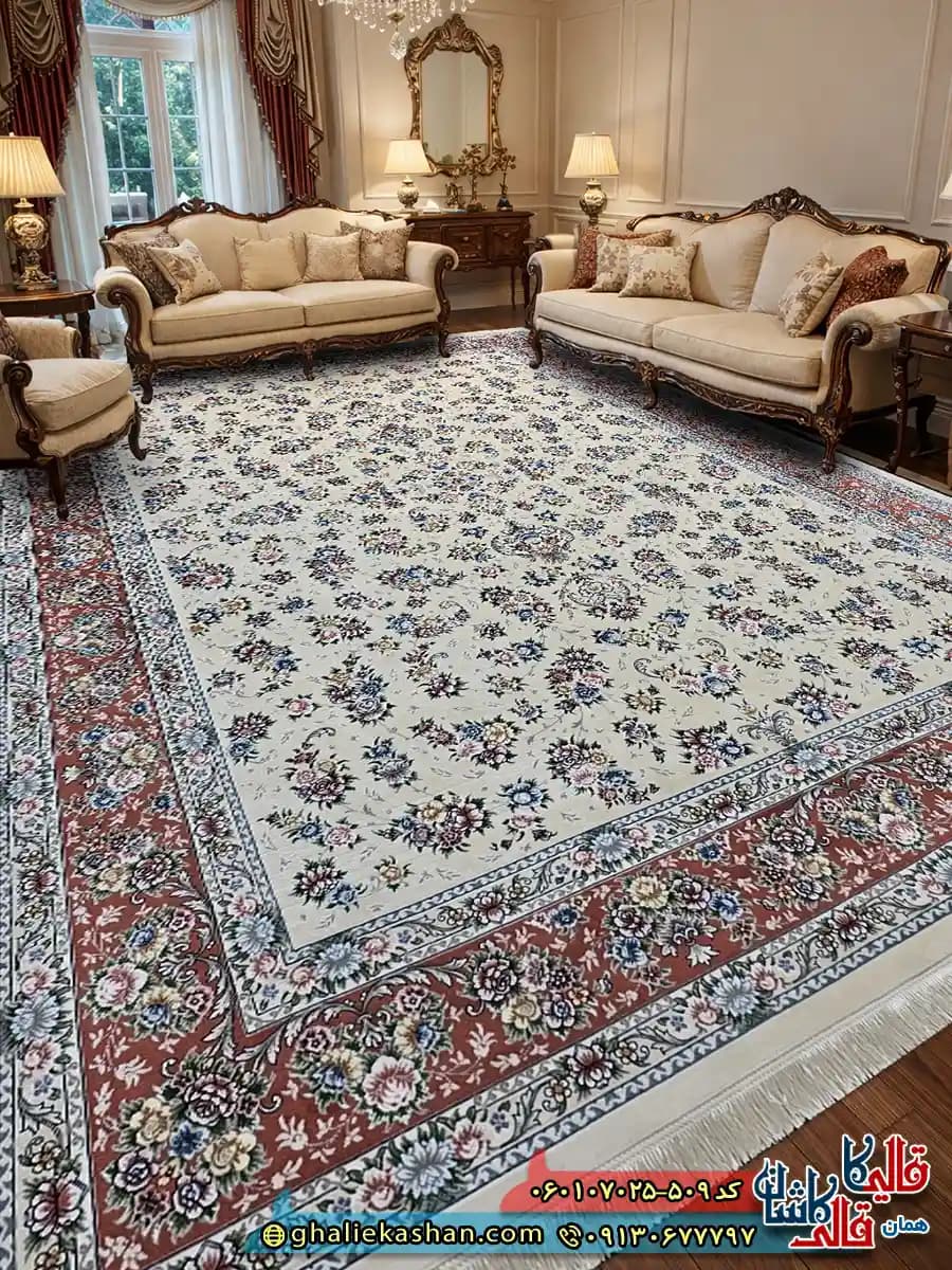 فرش کلاسیک 700 شانه طرح افشان سیمین رنگ کرم گلبهی کاشان