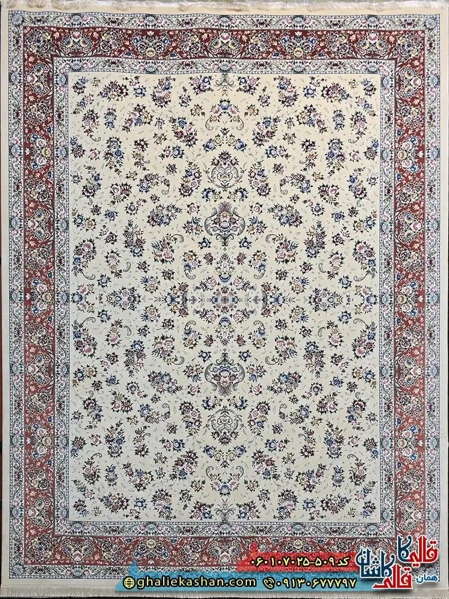 فرش کلاسیک 700 شانه طرح افشان سیمین رنگ کرم گلبهی کاشان — تصویر ۲