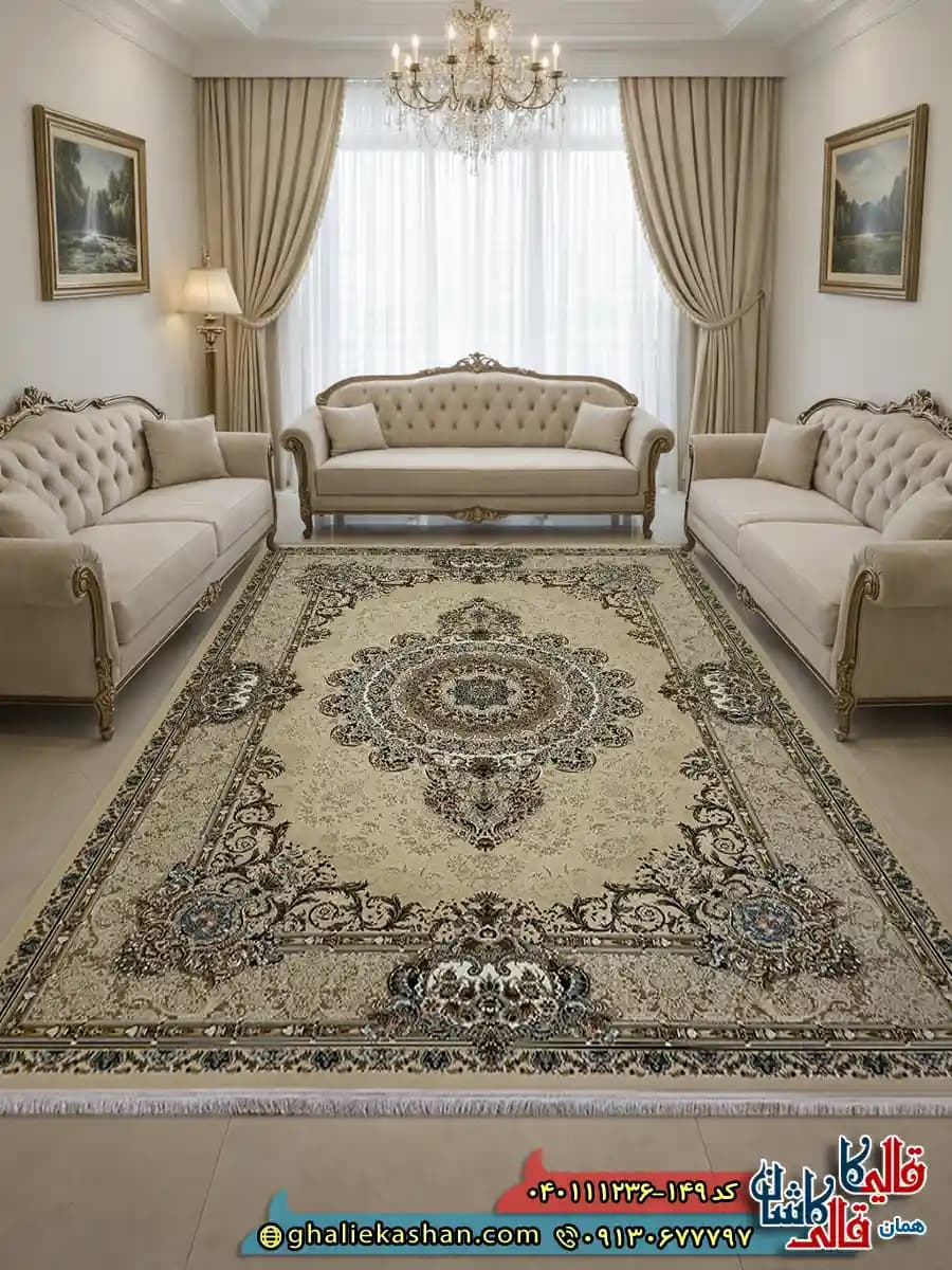 فرش 1200 شانه طرح شهرزاد رنگ کرم صدفی گل برجسته کاشان