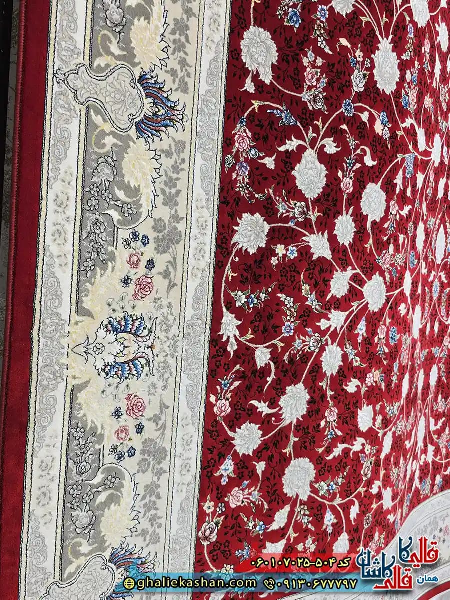 فرش کلاسیک 700 شانه طرح افشان پرنیان رنگ قرمز روناسی کاشان — تصویر ۵