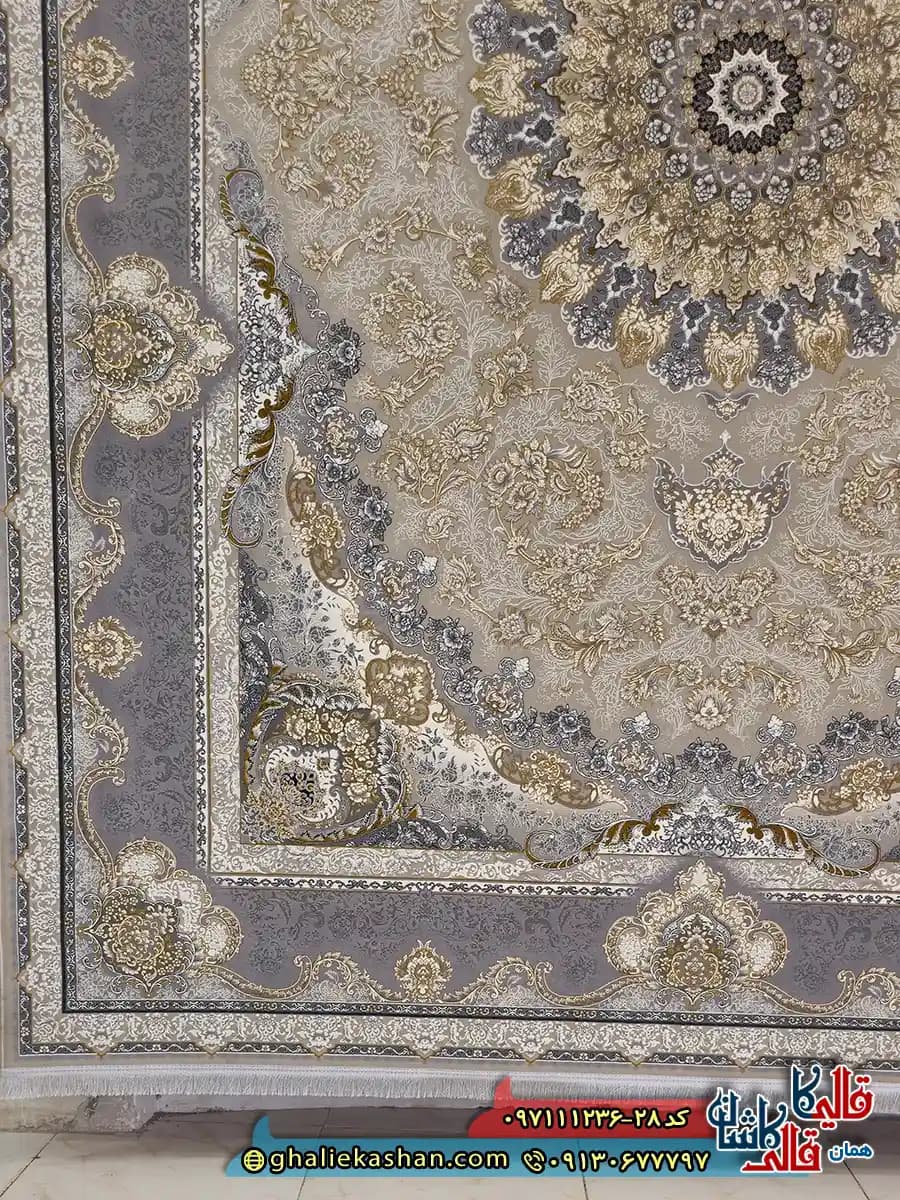 فرش طلاکوب 1200 شانه طرح معراج رنگ بژ گل برجسته کاشان — تصویر ۳