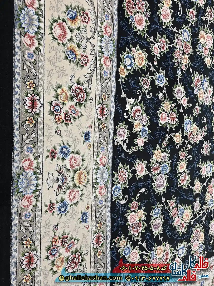 فرش کلاسیک 700 شانه طرح افشان سیمین رنگ سرمه ای کاشان — تصویر ۵