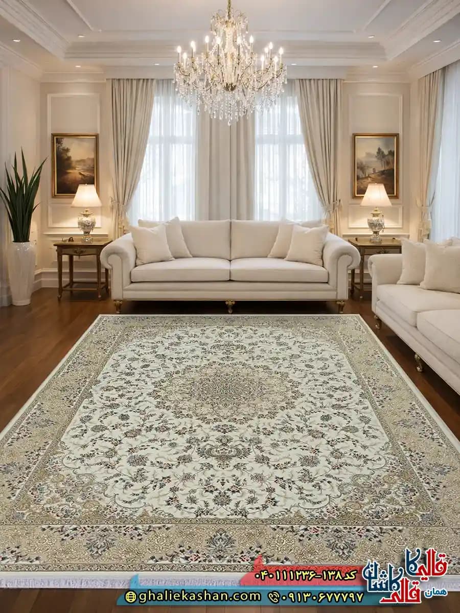فرش طلاکوب 1200 شانه طرح افرا رنگ کرم صدفی گل برجسته کاشان