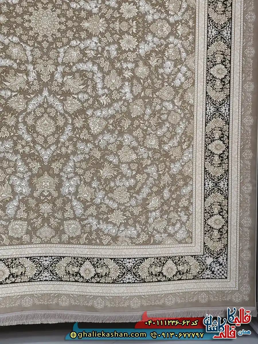فرش طلاکوب 1200 شانه طرح افشان گلریز رنگ طوسی سیلور گل برجسته کاشان — تصویر ۳