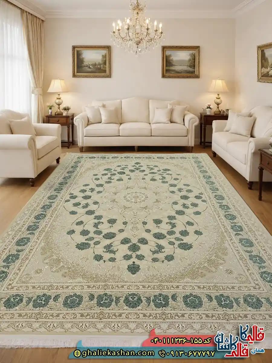 فرش طلاکوب 1200 شانه طرح مهدیس رنگ کرم صدفی سبز گل برجسته کاشان