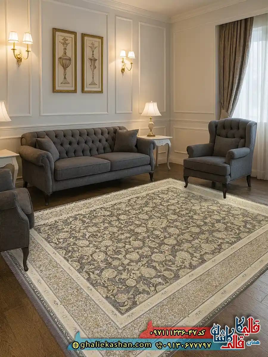 فرش طلاکوب 1200 شانه طرح افشان بنفشه رنگ طوسی نقره ای گل برجسته کاشان
