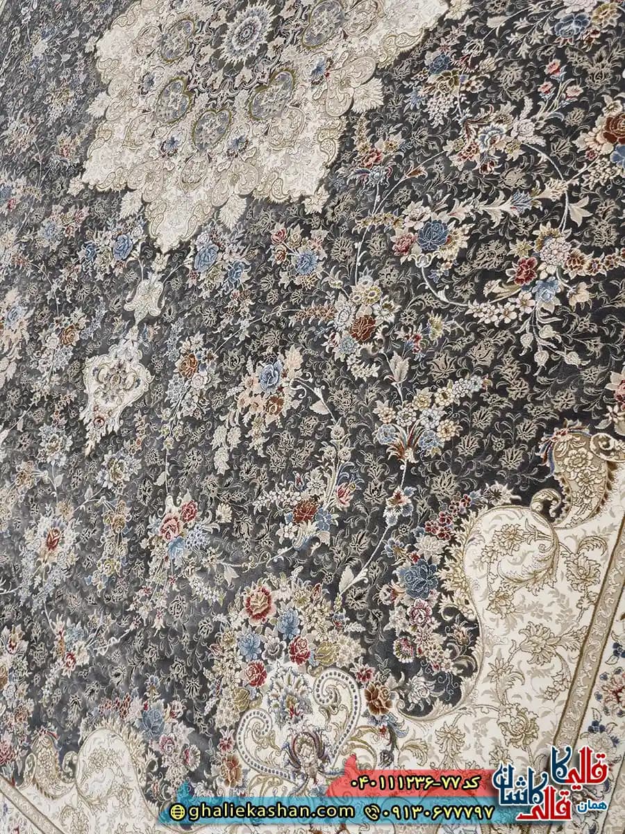 فرش 1200 شانه طرح ماهور رنگ طوسی متالیک گل برجسته کاشان — تصویر ۴