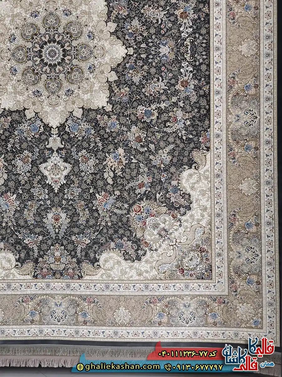 فرش 1200 شانه طرح ماهور رنگ طوسی متالیک گل برجسته کاشان — تصویر ۳