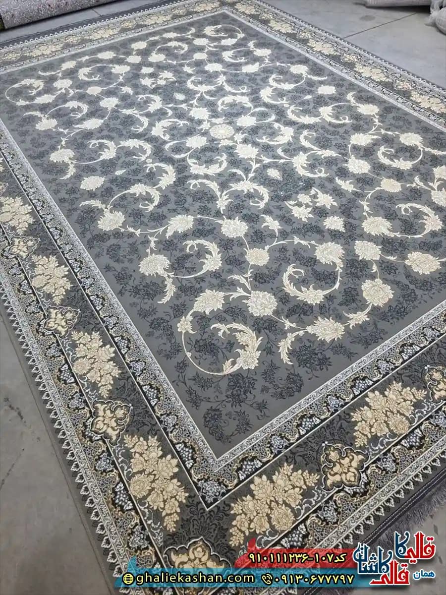 فرش طلاکوب 1200 شانه طرح افشان صدف رنگ طوسی گل برجسته کاشان