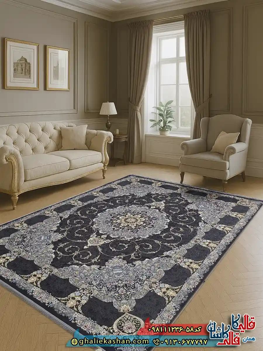 فرش طلاکوب 1200 شانه طرح تندیس رنگ طوسی دودی گل برجسته کاشان