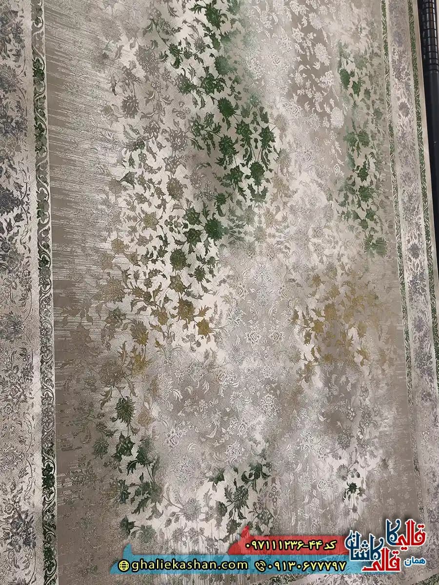 فرش وینتیج 1200 شانه طرح افشان باراد رنگ فیلی سبز گل برجسته کاشان — تصویر ۴