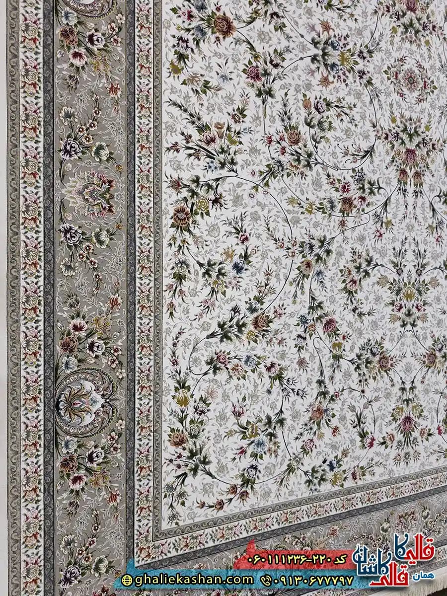 فرش 1200 شانه طرح افشان یاشار رنگ کرم گل برجسته کاشان — تصویر ۵