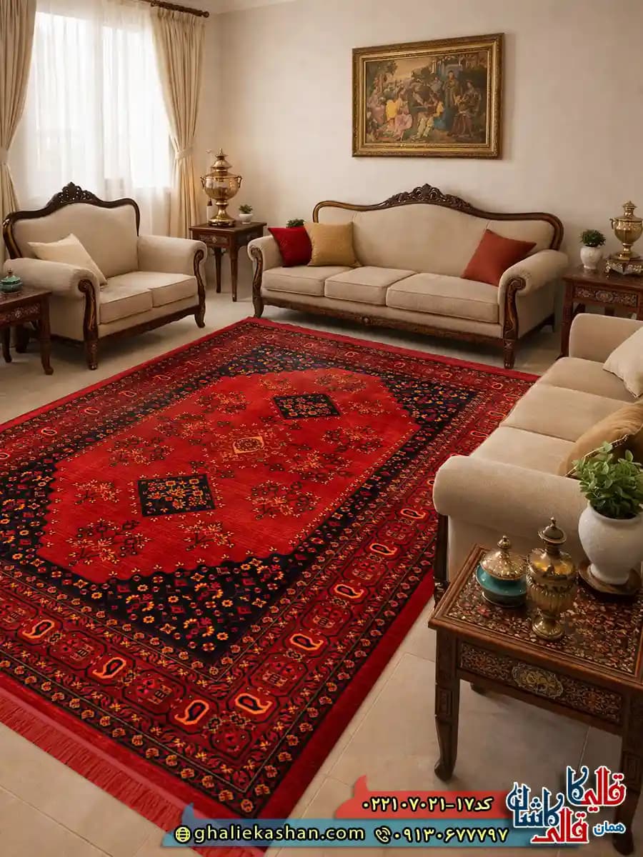 فرش سنتی 700 شانه طرح ساتین رنگ قرمز روناسی کاشان