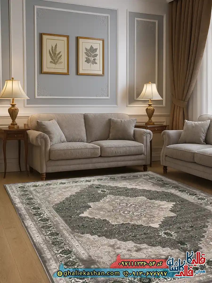 فرش وینتیج 1200 شانه طرح هریس رنگ طوسی فیلی گل برجسته کاشان