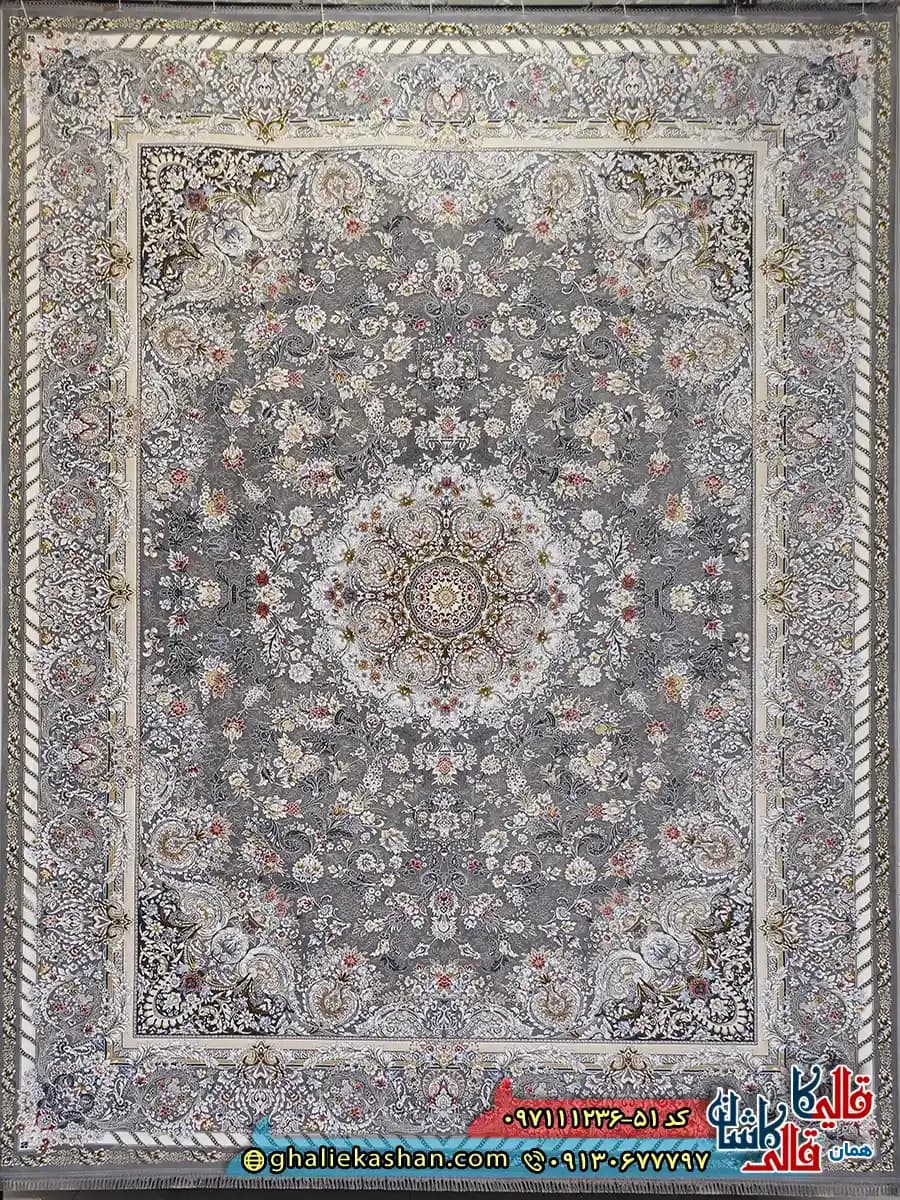 فرش 1200 شانه طرح گلستان رنگ طوسی نقره ای گل برجسته کاشان — تصویر ۲