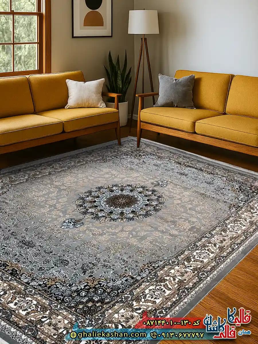 فرش ارزان طرح 700 شانه طرح شاهان رنگ طوسی فیلی کاشان