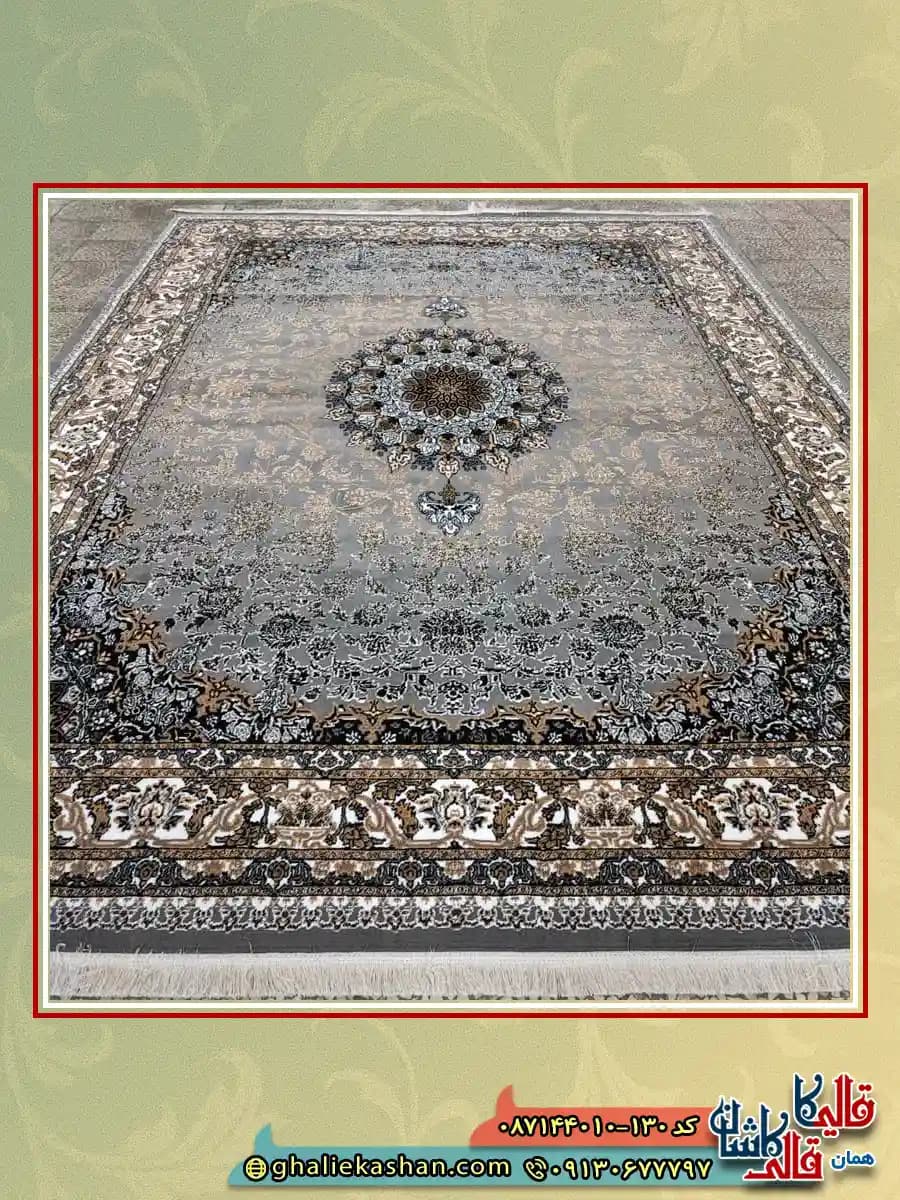 فرش ارزان طرح 700 شانه طرح شاهان رنگ طوسی فیلی کاشان — تصویر ۳