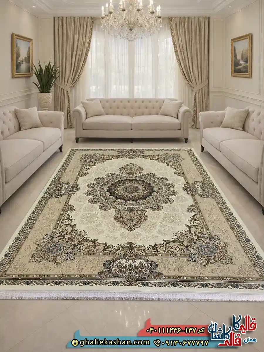 فرش 1200 شانه طرح شهرزاد رنگ سفید کرم گل برجسته کاشان