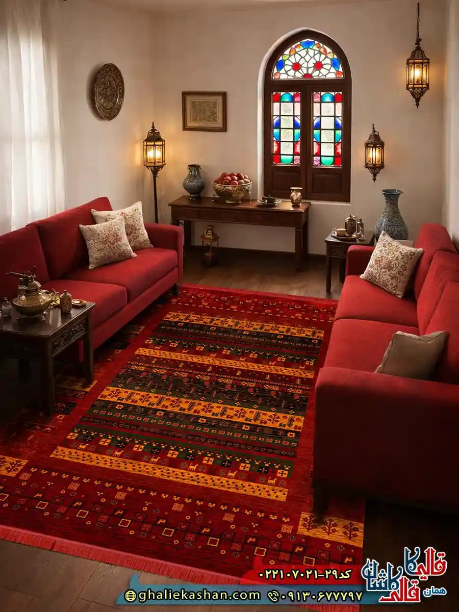 فرش سنتی 700 شانه طرح می گل رنگ قرمز لاکی کاشان