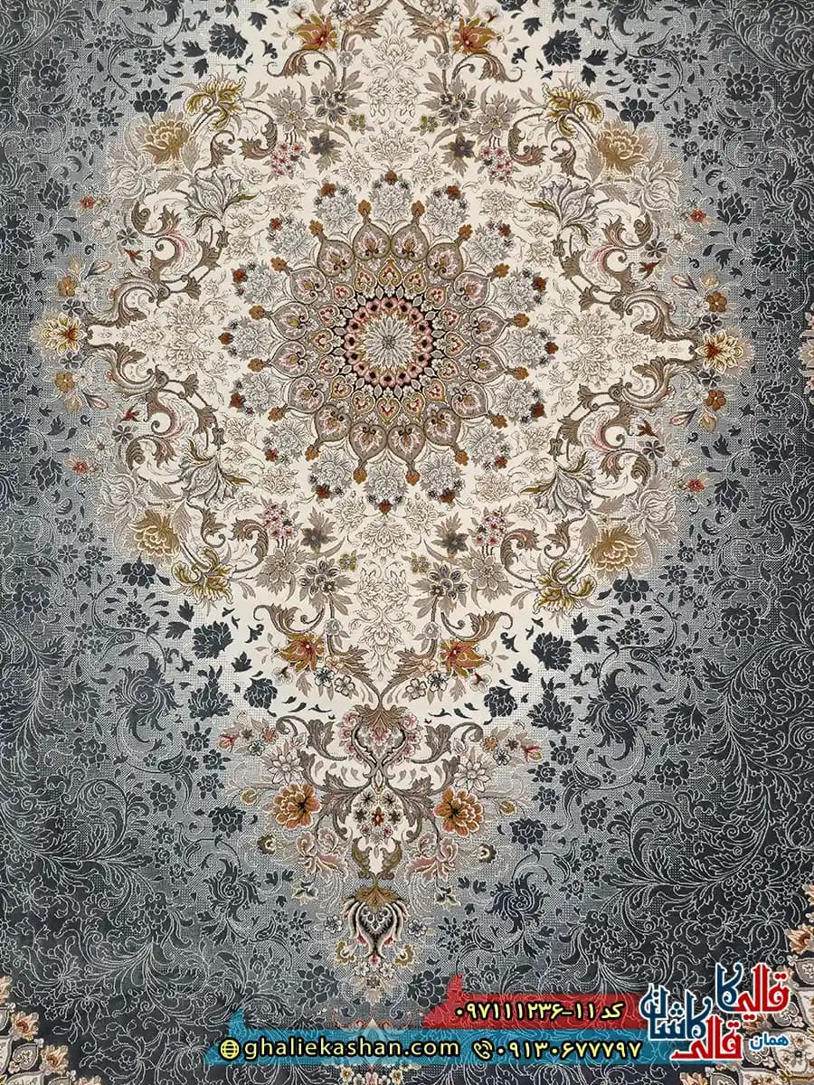 فرش 1200 شانه طرح چیچک رنگ طوسی دلفینی گل برجسته کاشان — تصویر ۴