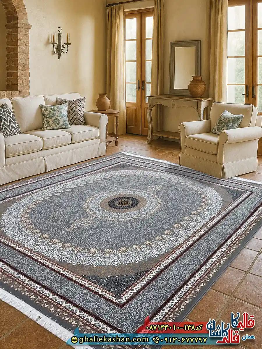 فرش ارزان طرح 700 شانه طرح ساحل رنگ طوسی فیلی کاشان