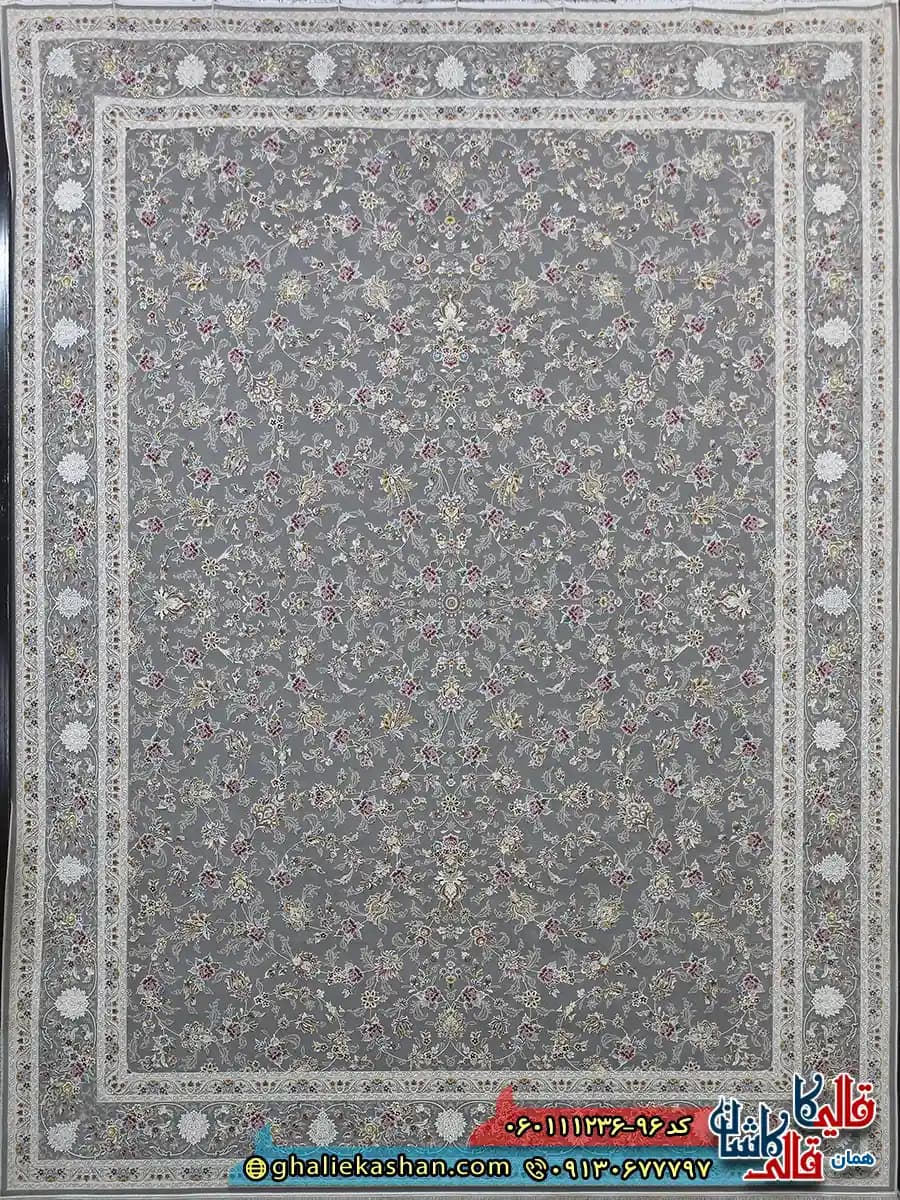 فرش 1200 شانه طرح افشان دلوین رنگ طوسی نقره ای گل برجسته کاشان — تصویر ۷