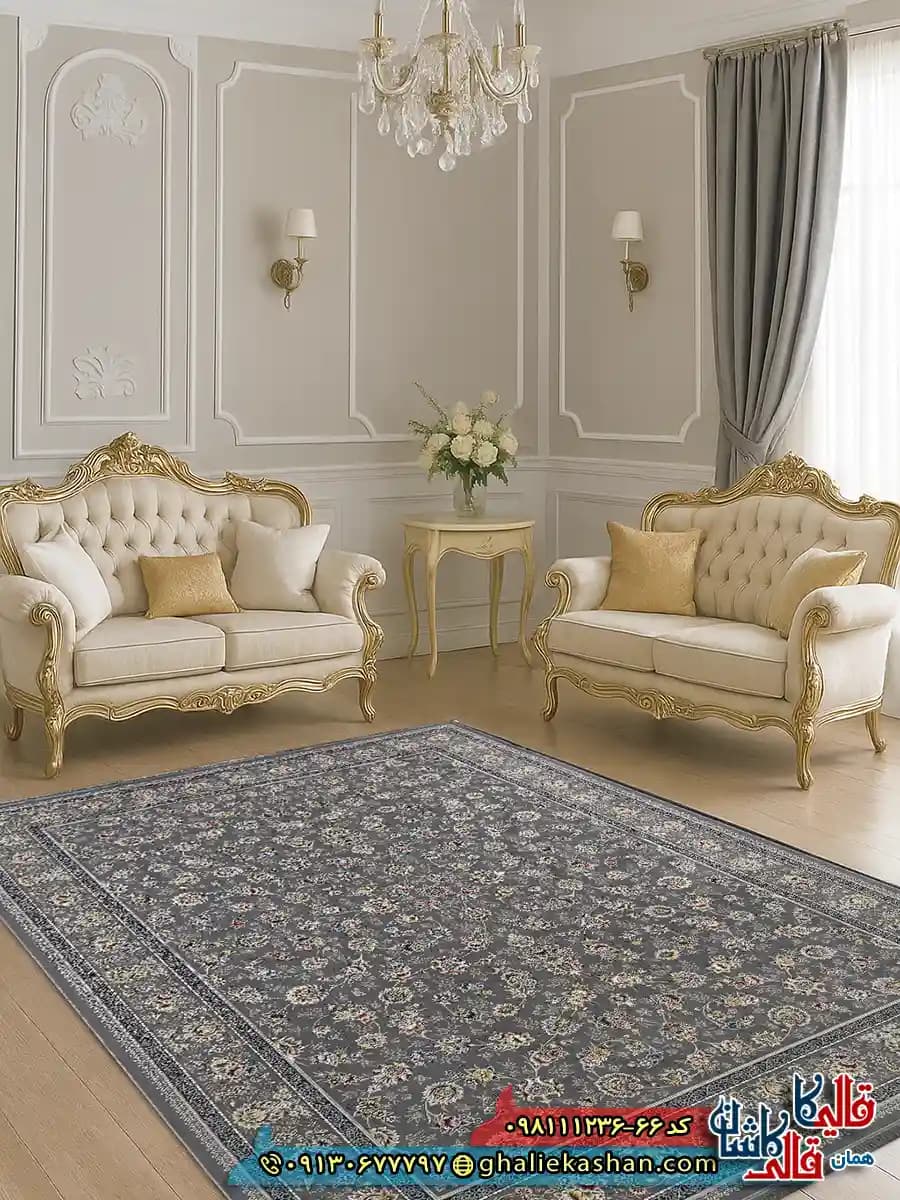 فرش 1200 شانه طرح افشان دلوین رنگ طوسی نقره ای گل برجسته کاشان