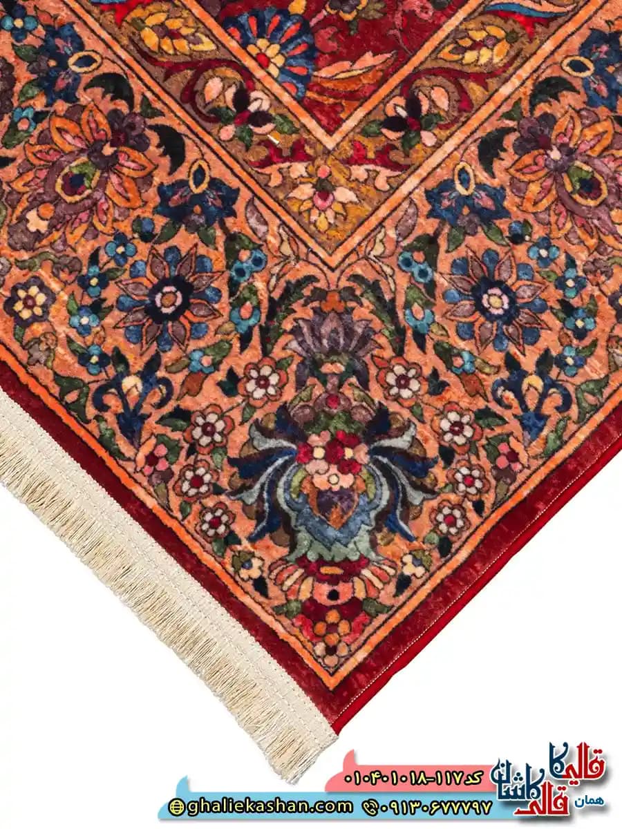 فرش سنتی 1000 شانه طرح افشان نسارا کرمان زمینه زرشکی کاشان — تصویر ۵