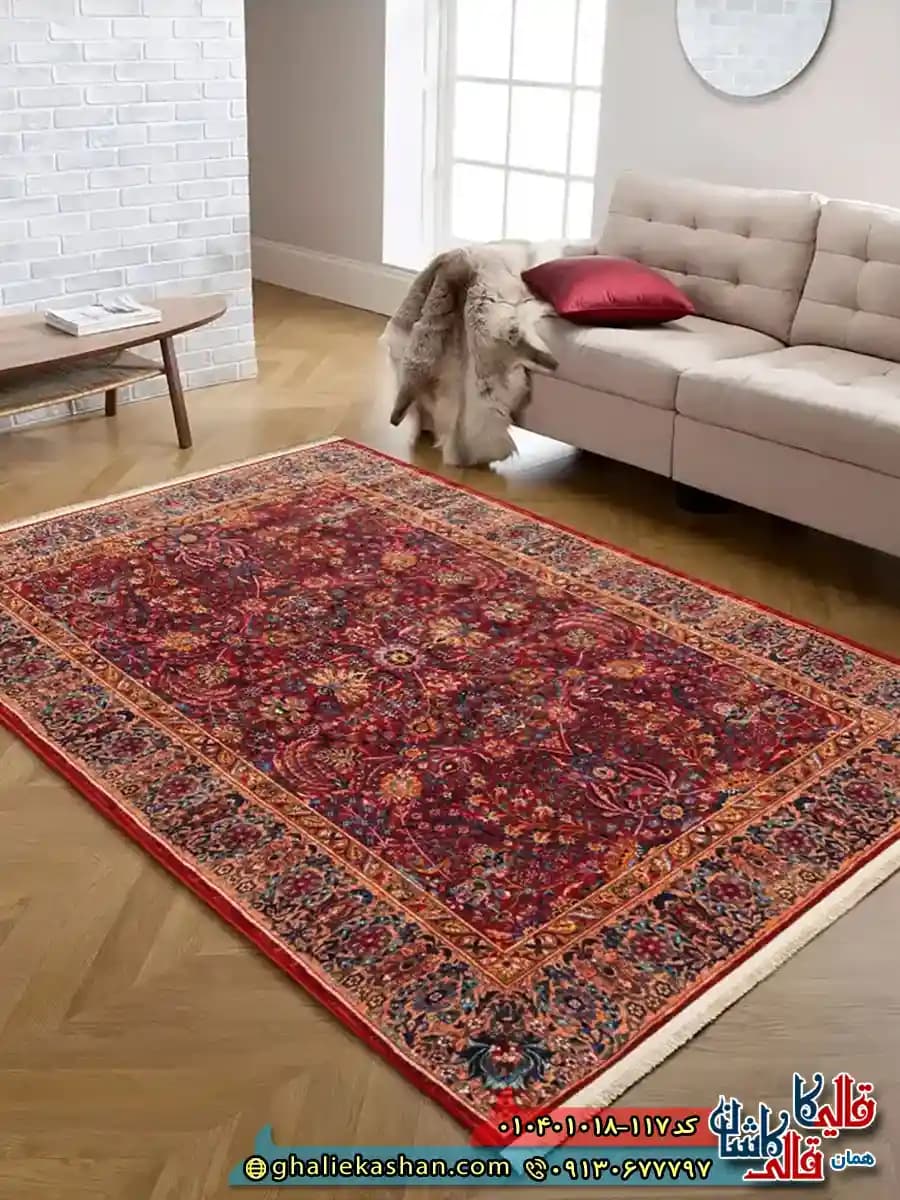 فرش سنتی 1000 شانه طرح افشان نسارا کرمان زمینه زرشکی کاشان