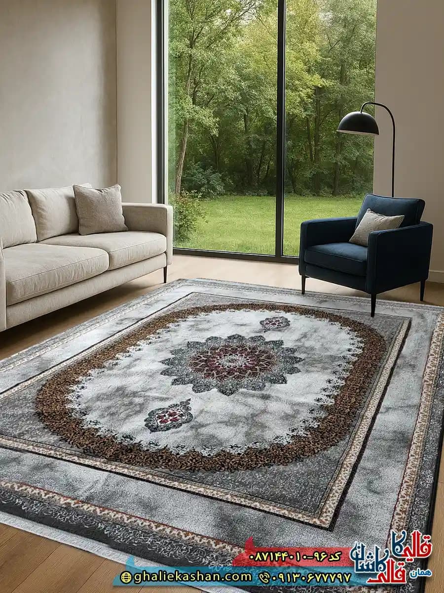 فرش ارزان طرح 700 شانه طرح مرمر رنگ طوسی فیلی کاشان — تصویر ۴