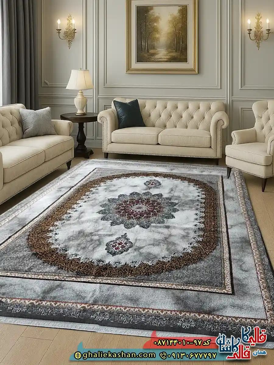 فرش ارزان طرح 700 شانه طرح مرمر رنگ طوسی فیلی کاشان