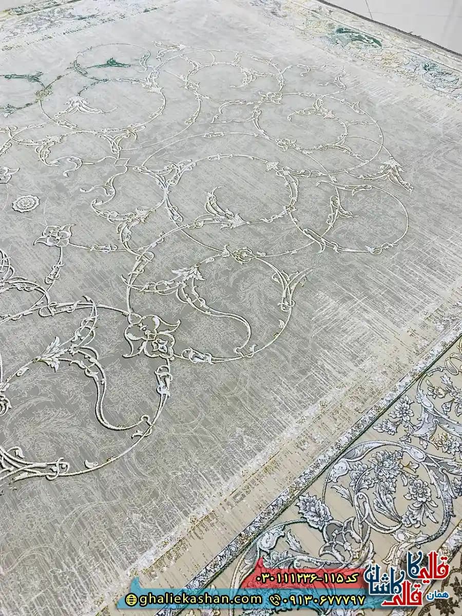 فرش وینتیج 1200 شانه طرح افشان روناک رنگ فیلی ترمه ای گل برجسته کاشان — تصویر ۳