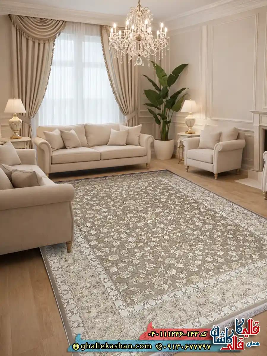 فرش 1200 شانه طرح افشان دلربا رنگ طوسی سیلور گل برجسته کاشان