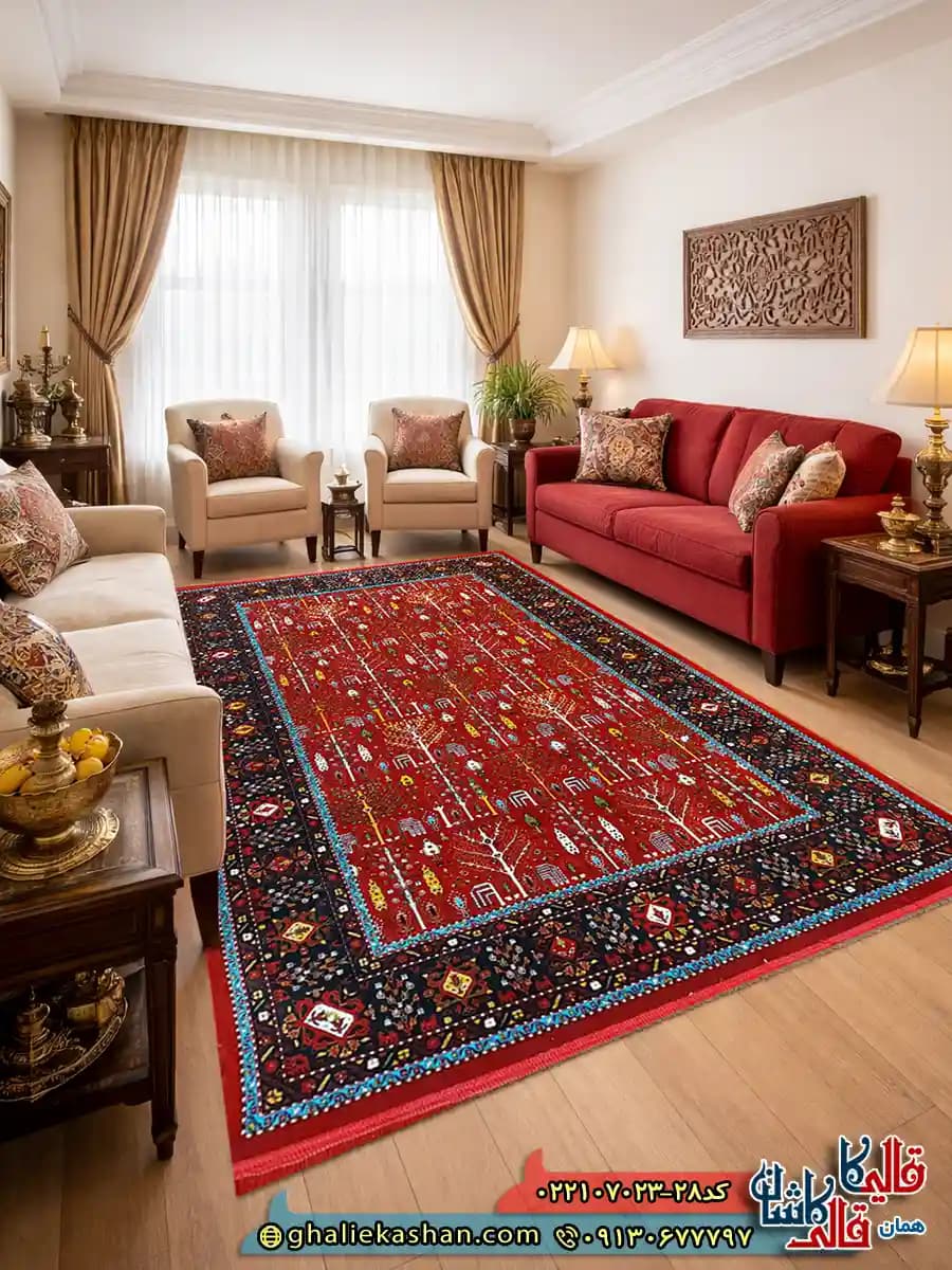 فرش 700 شانه طرح افشان بنیتا رنگ قرمز لاکی کاشان