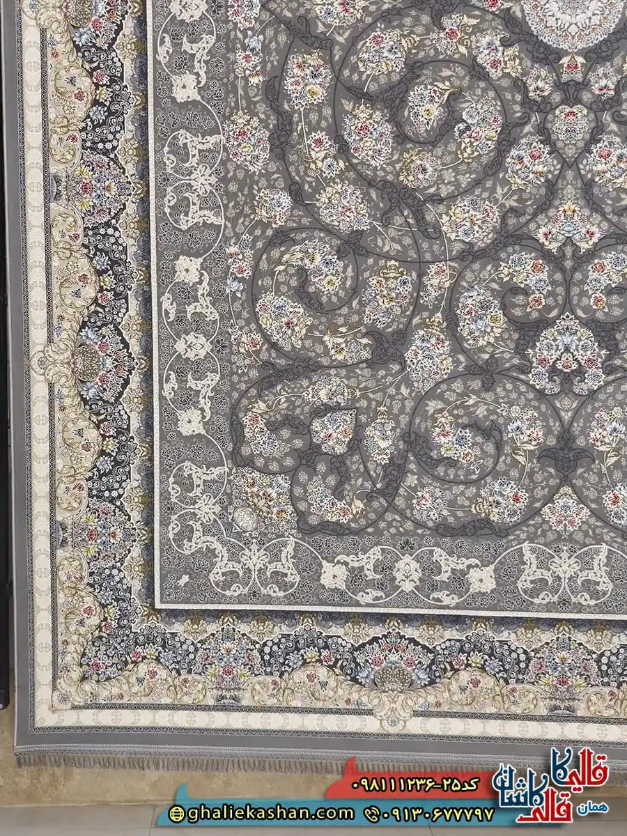فرش 1200 شانه طرح افشان مهتاب رنگ طوسی نقره ای گل برجسته کاشان — تصویر ۳