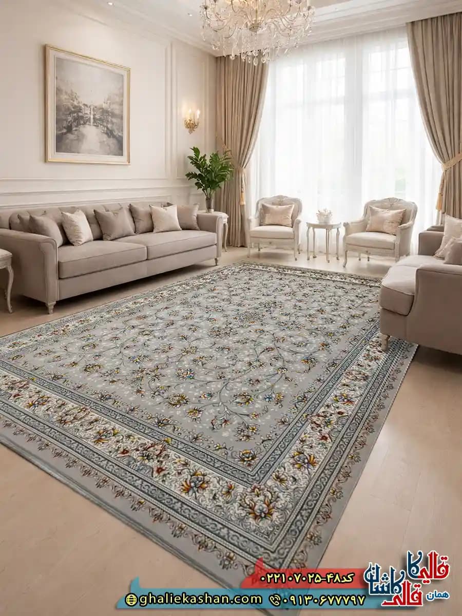 فرش 700 شانه طرح افشان وفا رنگ طوسی سیلور کاشان