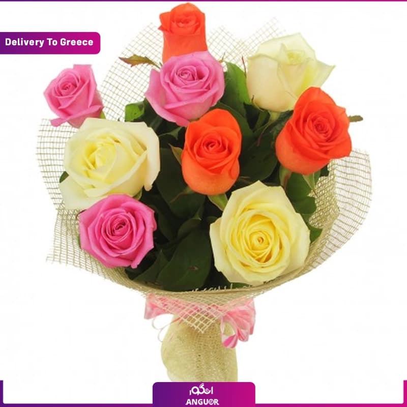 دسته گل 9 شاخه رز رنگی (تحویل در یونان)