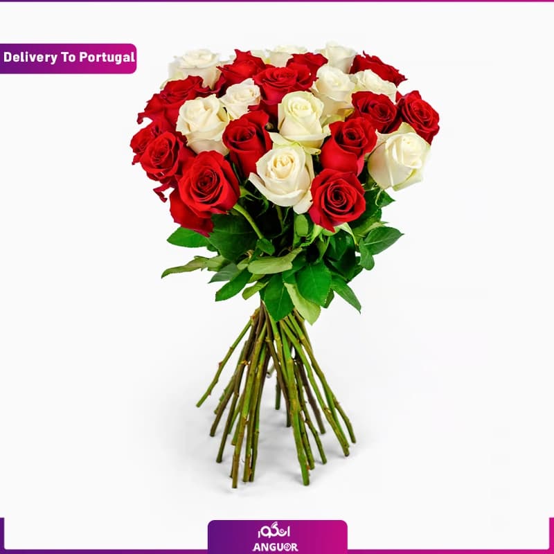 دسته گل رز 20 شاخه قرمز و سفید (ارسال گل به پرتغال)