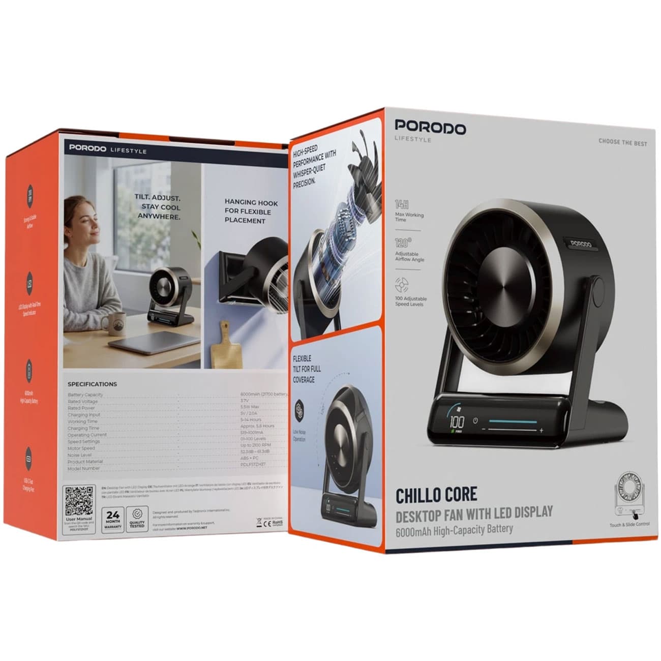 پنکه رومیزی شارژی پورودو Porodo مدل PDLFSTZH37BK با نمایشگر LED — تصویر ۴