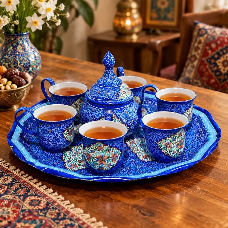 ست قندان و فنجان و سینی میناکاری — تصویر ۲