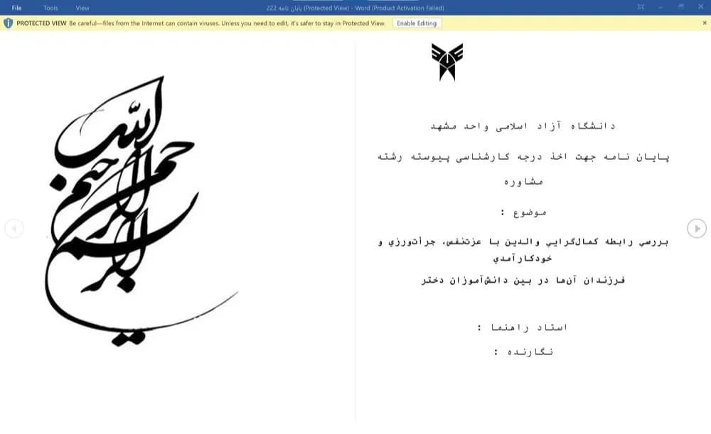 پایان نامه بررسی رابطه كمال‌ گرایی والدين با عزت‌ نفس،جرأت‌ ورزی و خودكارآمدی فرزندان آن‌ها در بين دانش‌ آموزان دختر