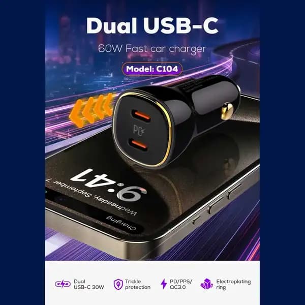 شارژر فندکی فست شارژ 60 وات تایپ‌سی الدینیو مدل LDNIO C104 — تصویر ۳